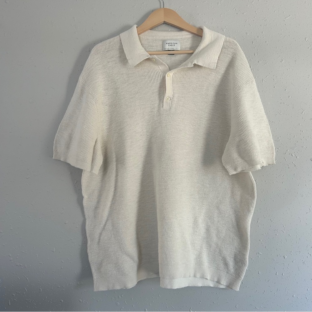American Eagle Outfitters Cream Polo T-Shirt XXL Neutral Preppy